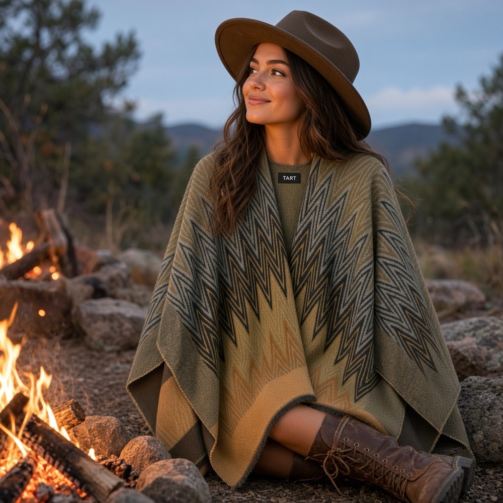 Chaps Chevron Knit Poncho in Mustard, Olive & Gray